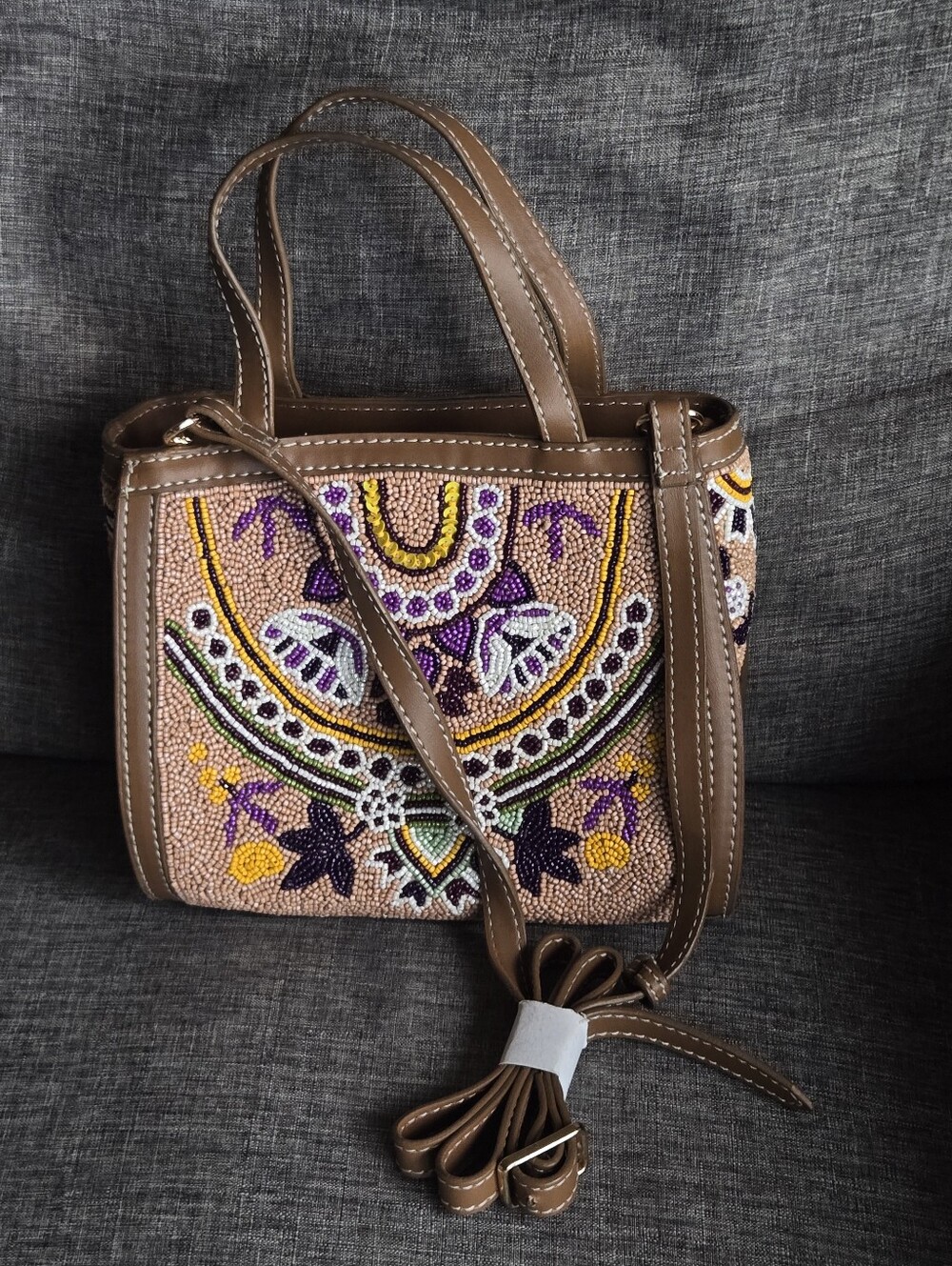 Viral Handmade Tan Beaded Tote Bag Crossbody Purse With Leather Straps NWOT